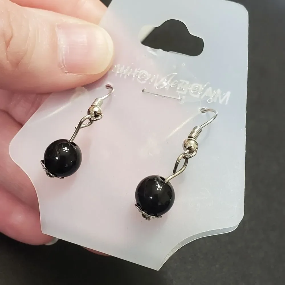 Silver tone black bead earrings